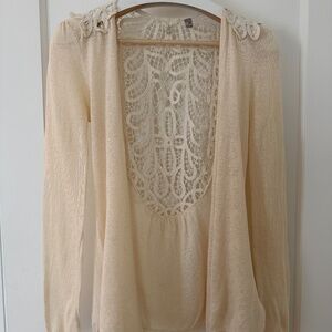 Anthro Knitted & Knotted Lace Back Cardigan Sz S Linen Cream Boho Flowy Feminine